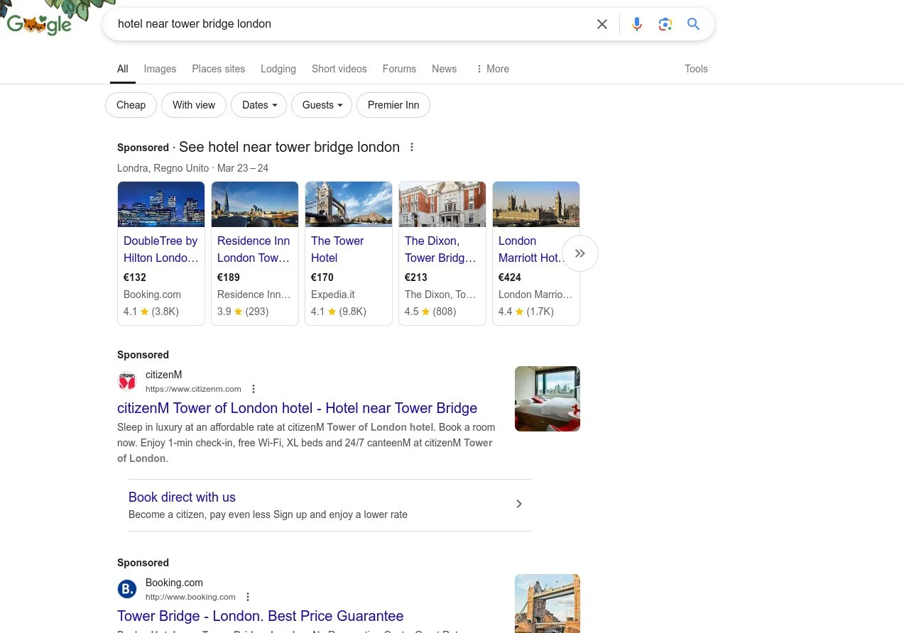 Google Search campaign targeting hotel bookings in London